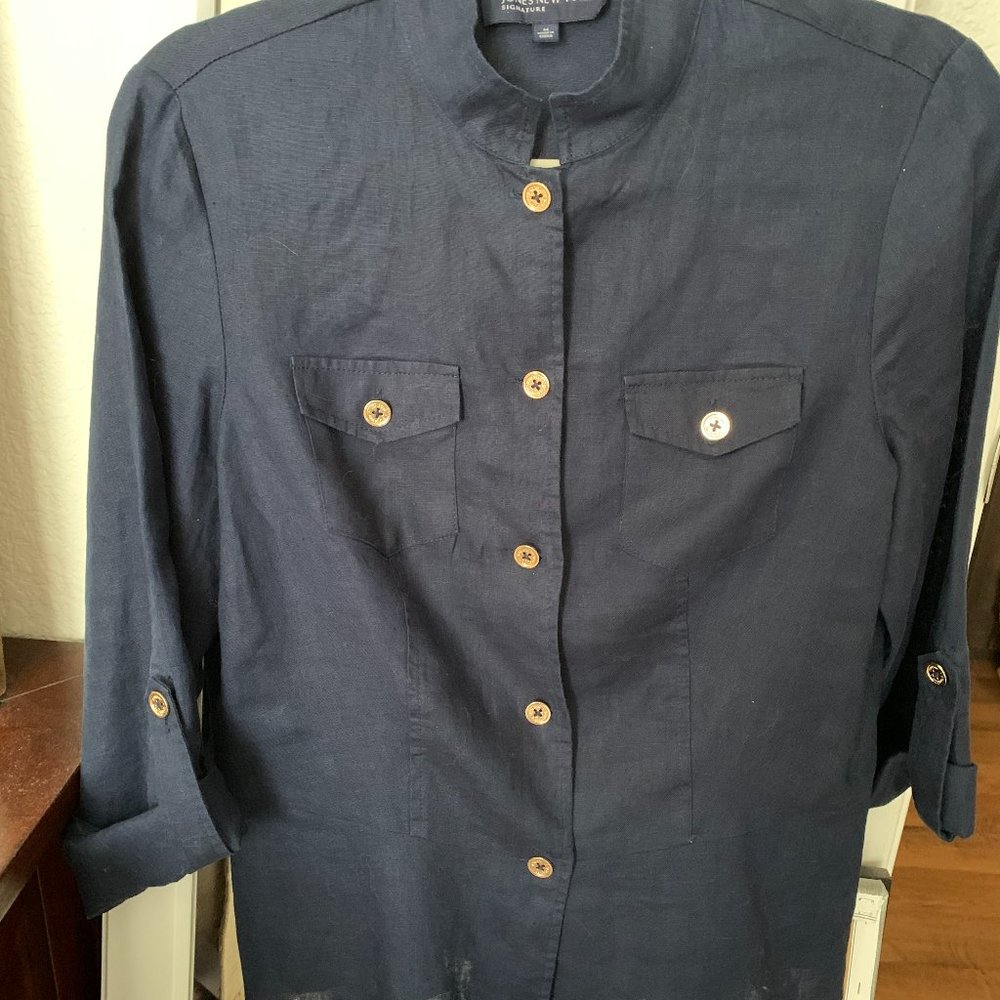 Jones New York Signature Navy Blue Linen top size medium 6/8